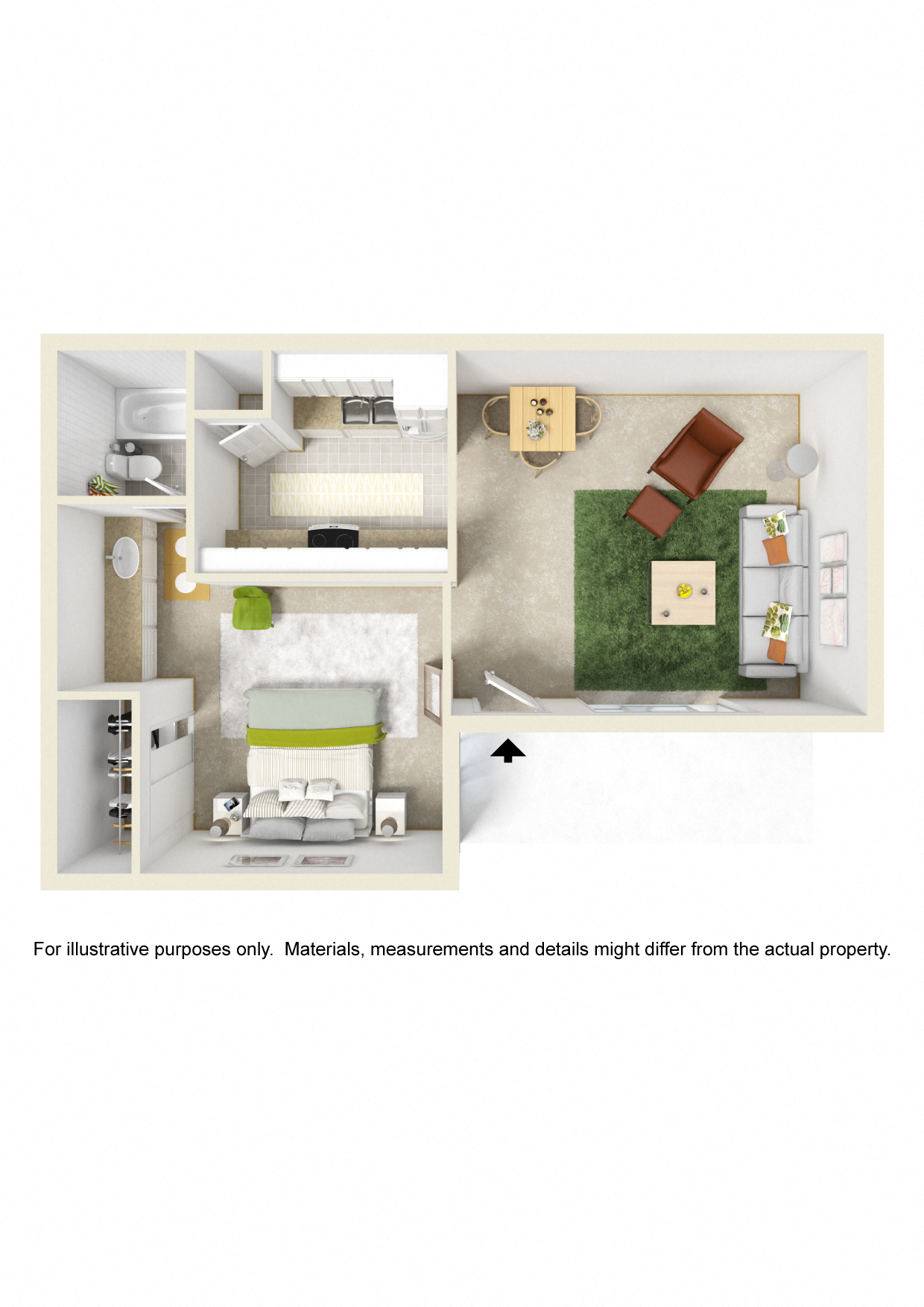Floor plan for 1 bed, 1 bath, 491 sqft